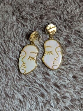 Gold Outline White Iridescent Face Drop Earrings - Women Jewelry